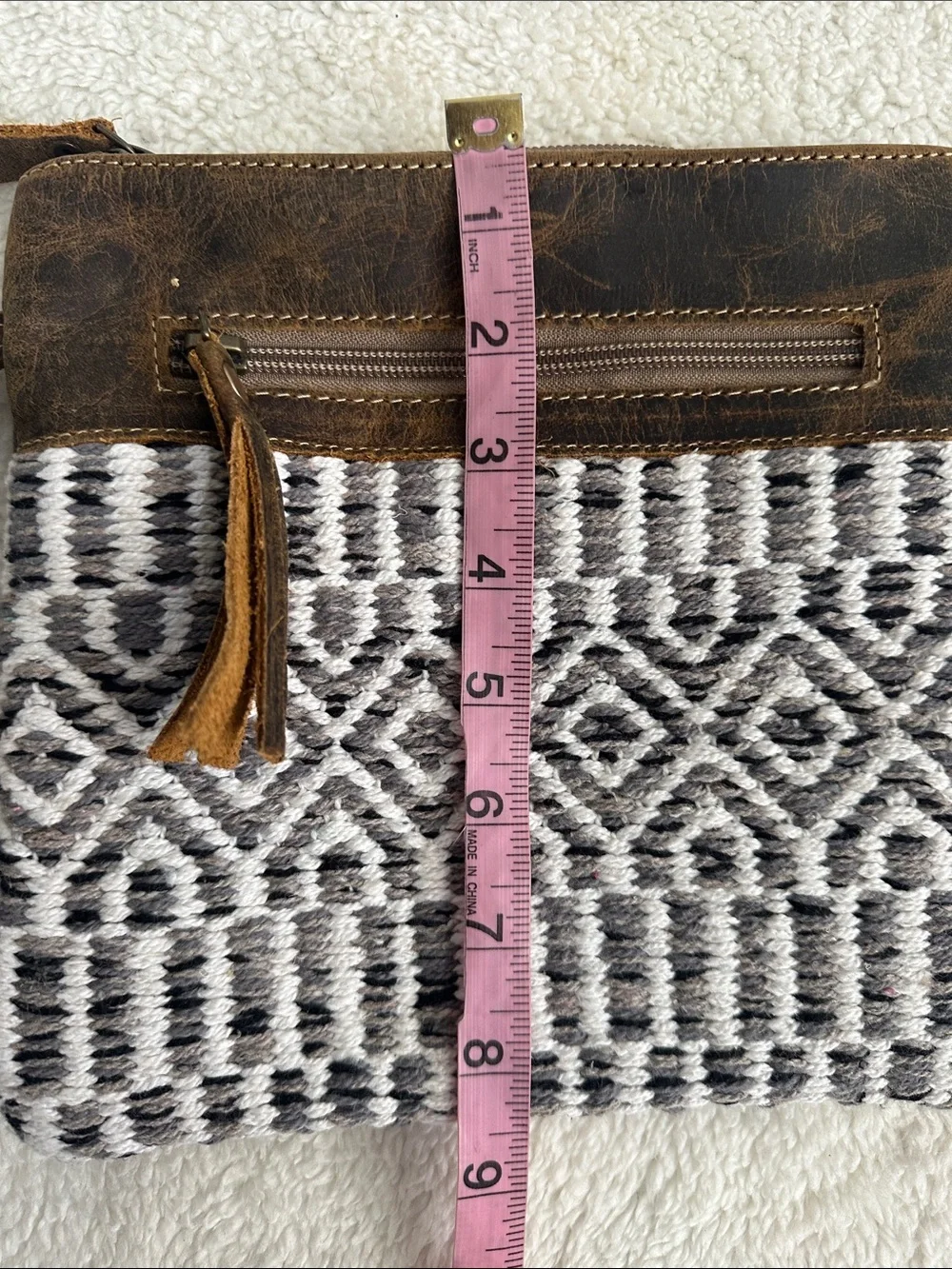 Myra Bag Upcycled Brown Leather Wristlet Clutch Neutral Woven Tapestry Boho
